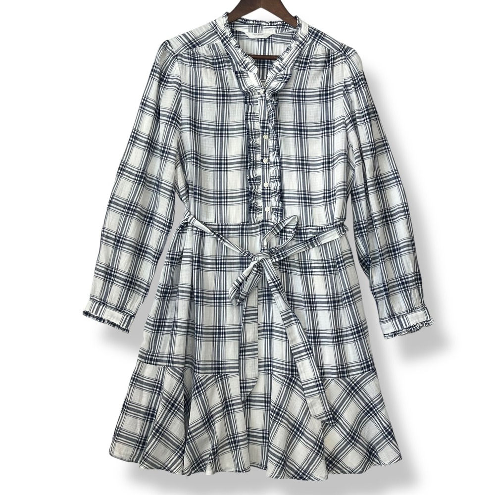 Lucky‎ Brand XL Poet Mini Dress Blue White Plaid 100% Cotton Ruffle Tie Waist